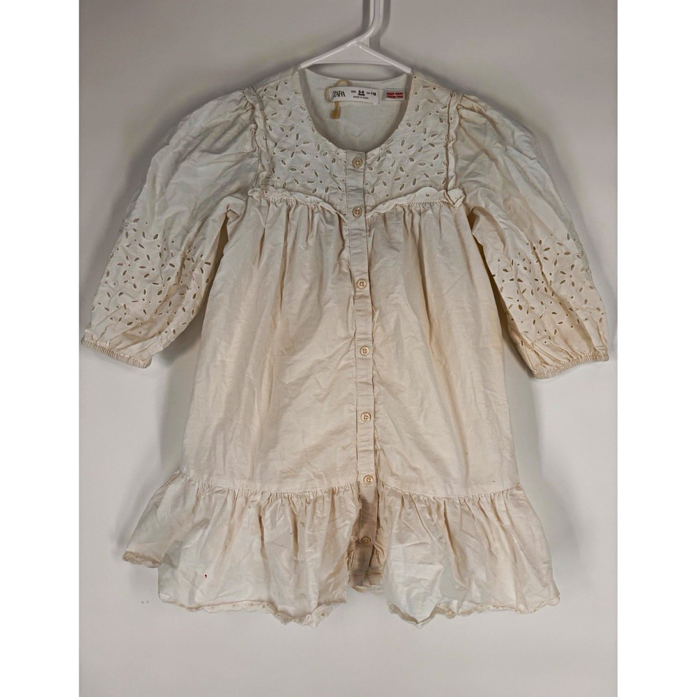 Zara Girls Cotton Eyelet Prairie Peasant Dress 5-6Y Long Sleeve Cottage Ruffled